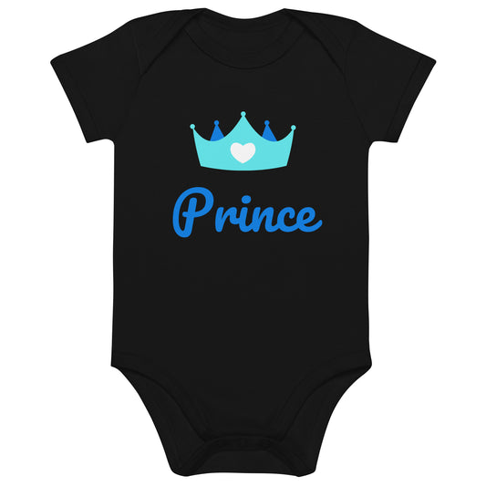 Bodie bébé de couleur noir manche courte en 100% coton bio certifié avec inscription "Prince" et une couronne avec un coeur dessus